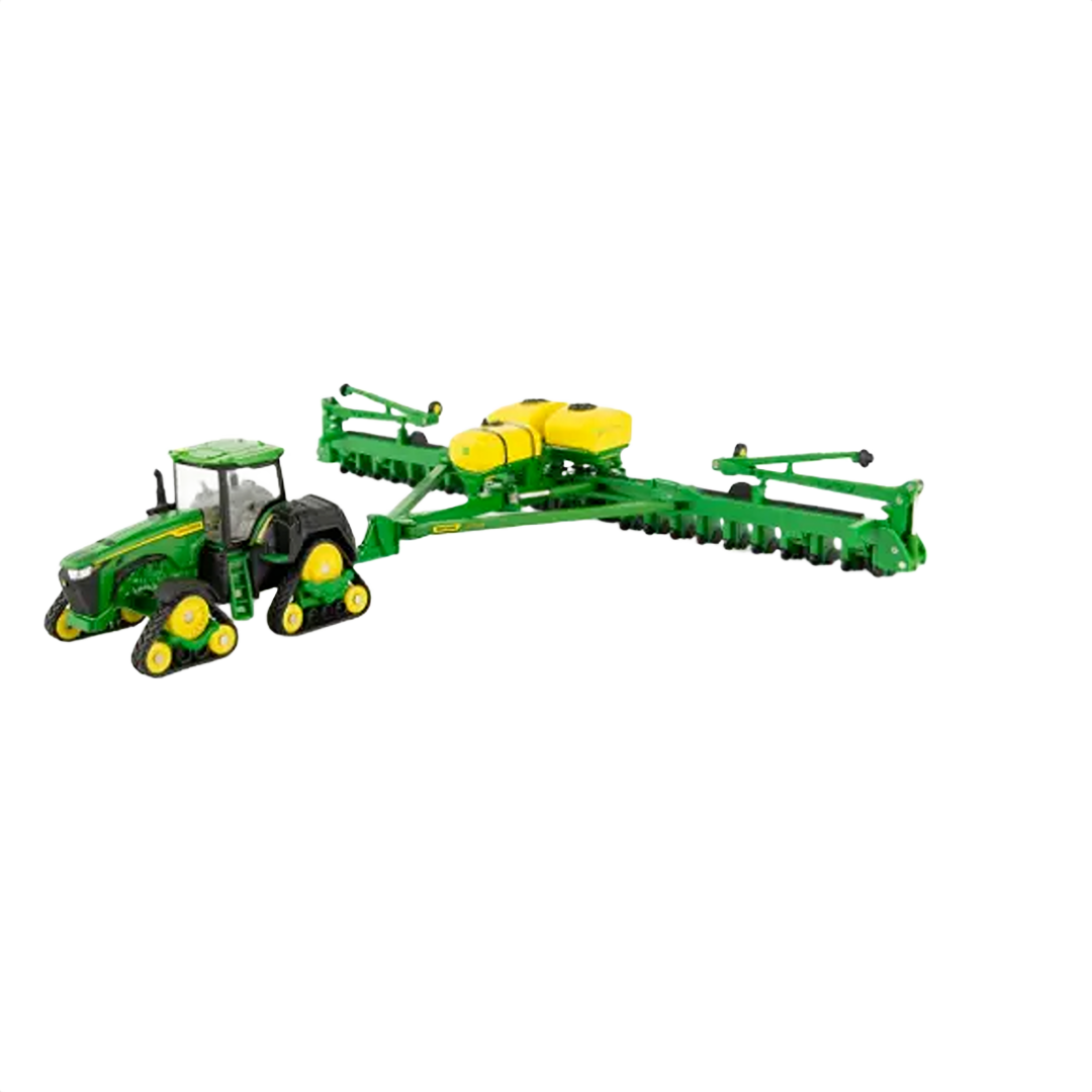 Green and yellow scale model tractor with large planter attachment for realistic farm role play and display