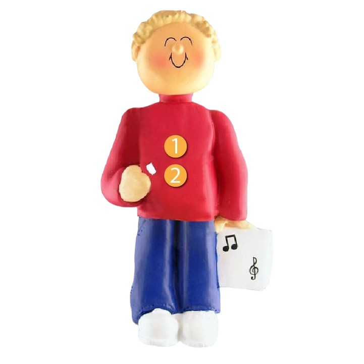 Blonde male musician ornament holding sheet music, festive decoration for Christmas tree under $50 collection