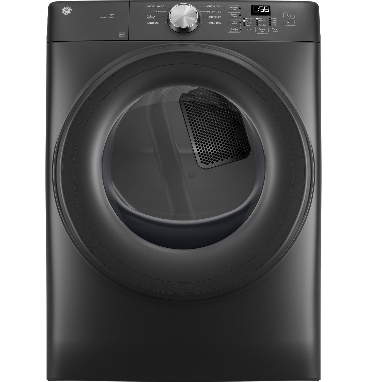 Front view of black smart gas dryer with large round door and digital control panel in laundry appliances collection