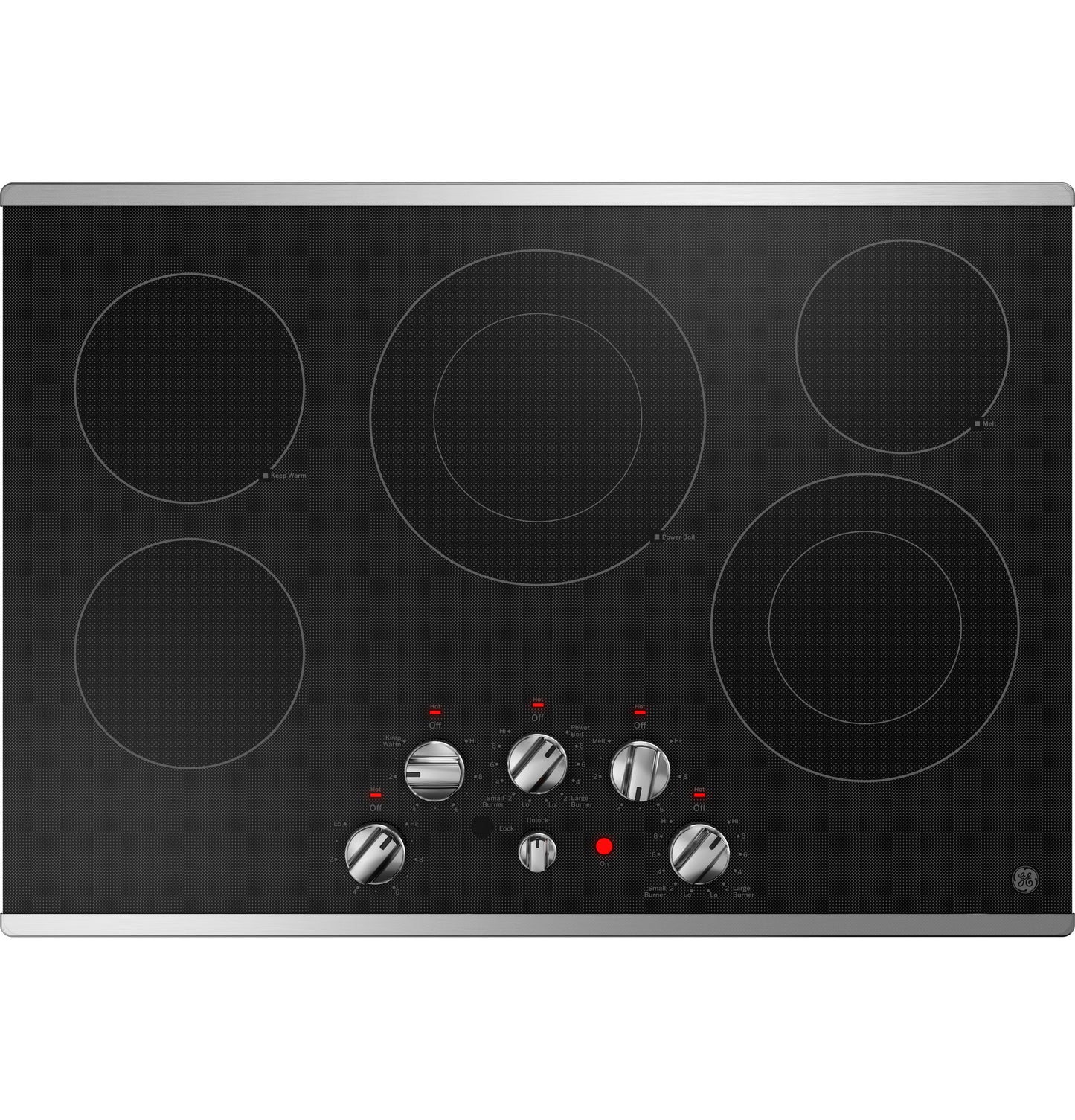 Black electric cooktop with five burners and stainless steel knob controls from Electric Cooktops and Appliances collections