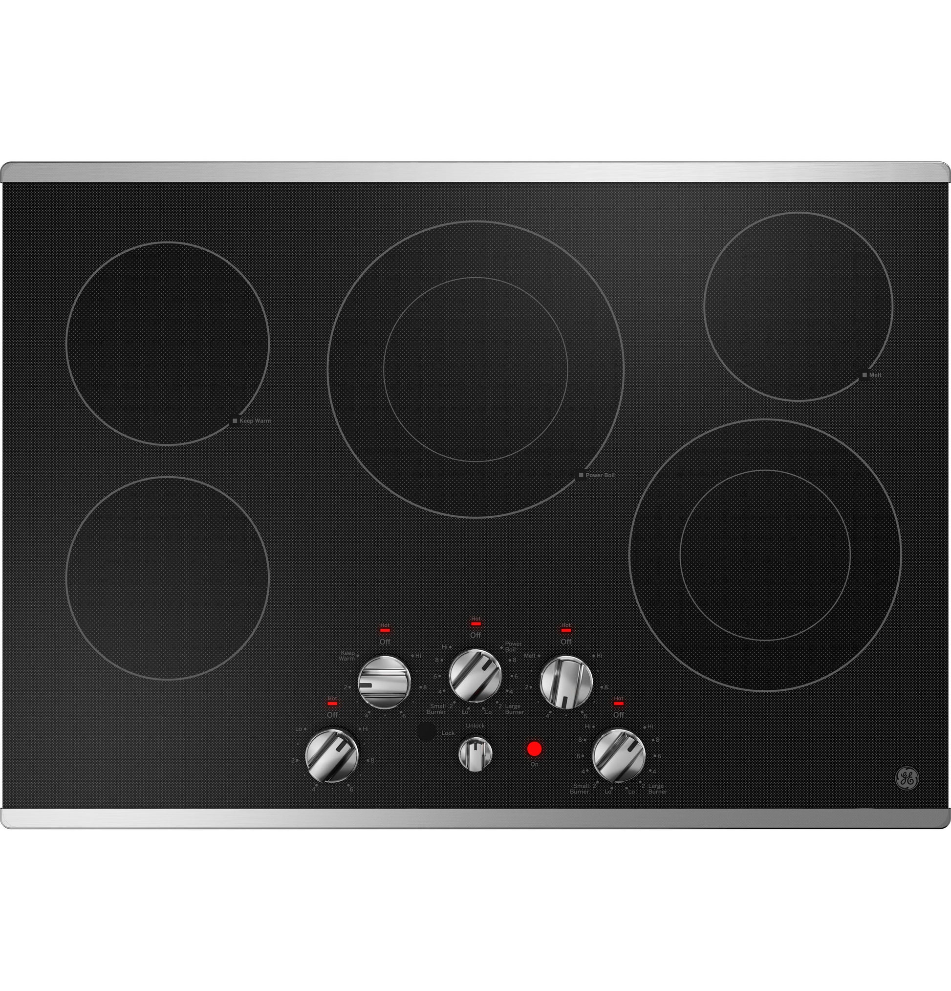 Black electric cooktop with five burners and stainless steel knob controls from Electric Cooktops and Appliances collections