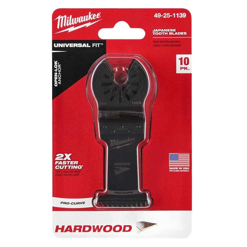 Black Milwaukee Japanese tooth saw blade with OPEN-LOK for hardwood cutting, packaged in red universal fit display card