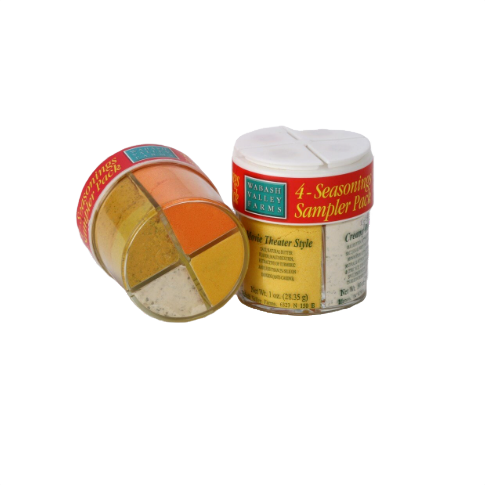 Set of two seasoning containers with four distinct flavors for chips and snacks in food and beverage collection