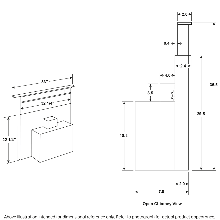 Technical line drawing of a universal 36" telescopic downdraft system with detailed dimensional measurements for kitchen appliance use.