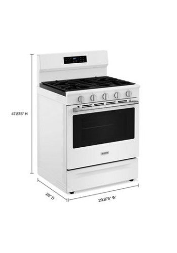 White 30-inch gas range with digital display, six control knobs, and large oven window for kitchen appliances collection