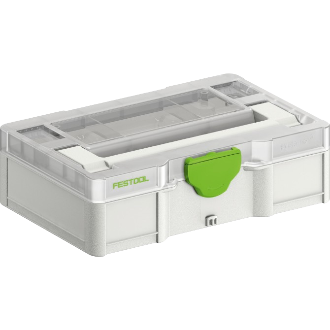 Compact Festool storage box with clear top and green latch for organizing tools and accessories in workshop settings
