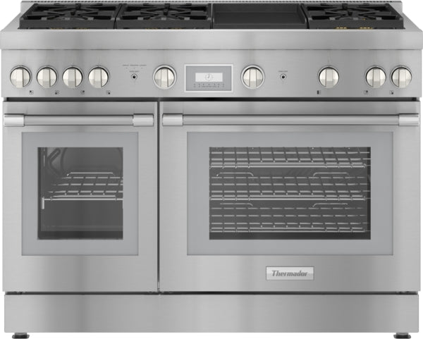 48-inch stainless steel dual fuel range with multiple burners and two ovens from Thermador Ranges collection