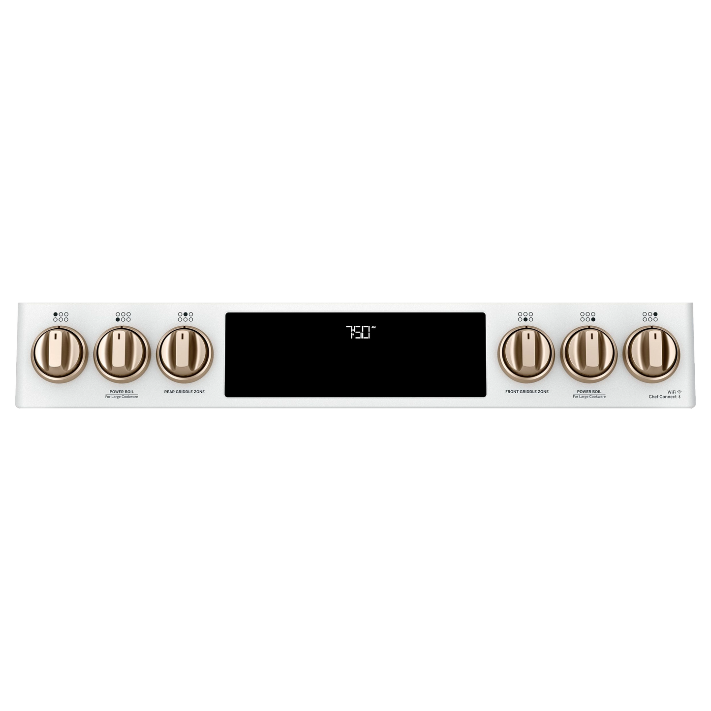Smart slide-in gas range control panel with bronze-tone knobs and digital display, from Ranges & Kitchenware collection