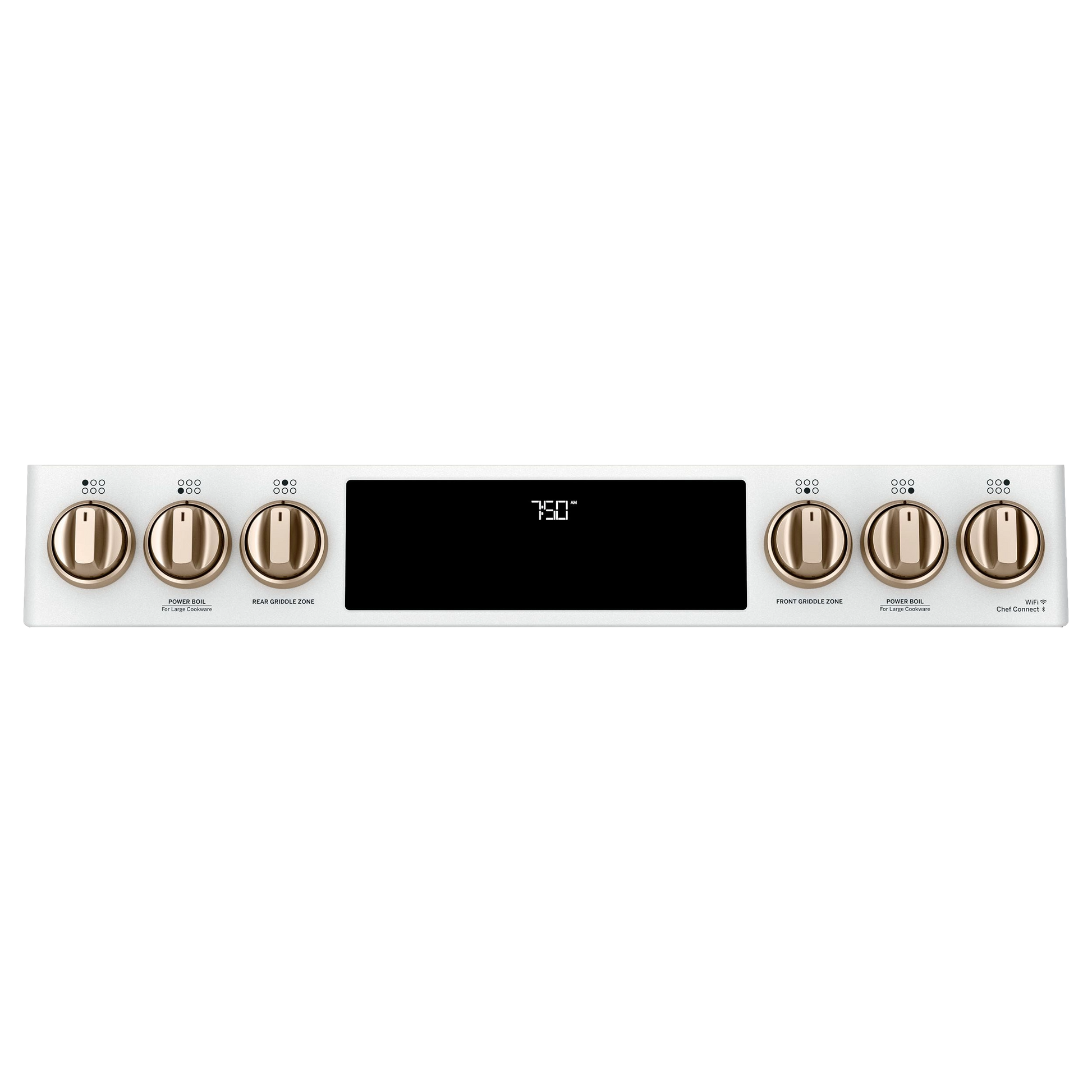 Smart slide-in gas range control panel with bronze-tone knobs and digital display, from Ranges & Kitchenware collection