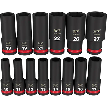 Set of black impact sockets with red bands, featuring sizes from 10 to 27 for tools and home improvement projects