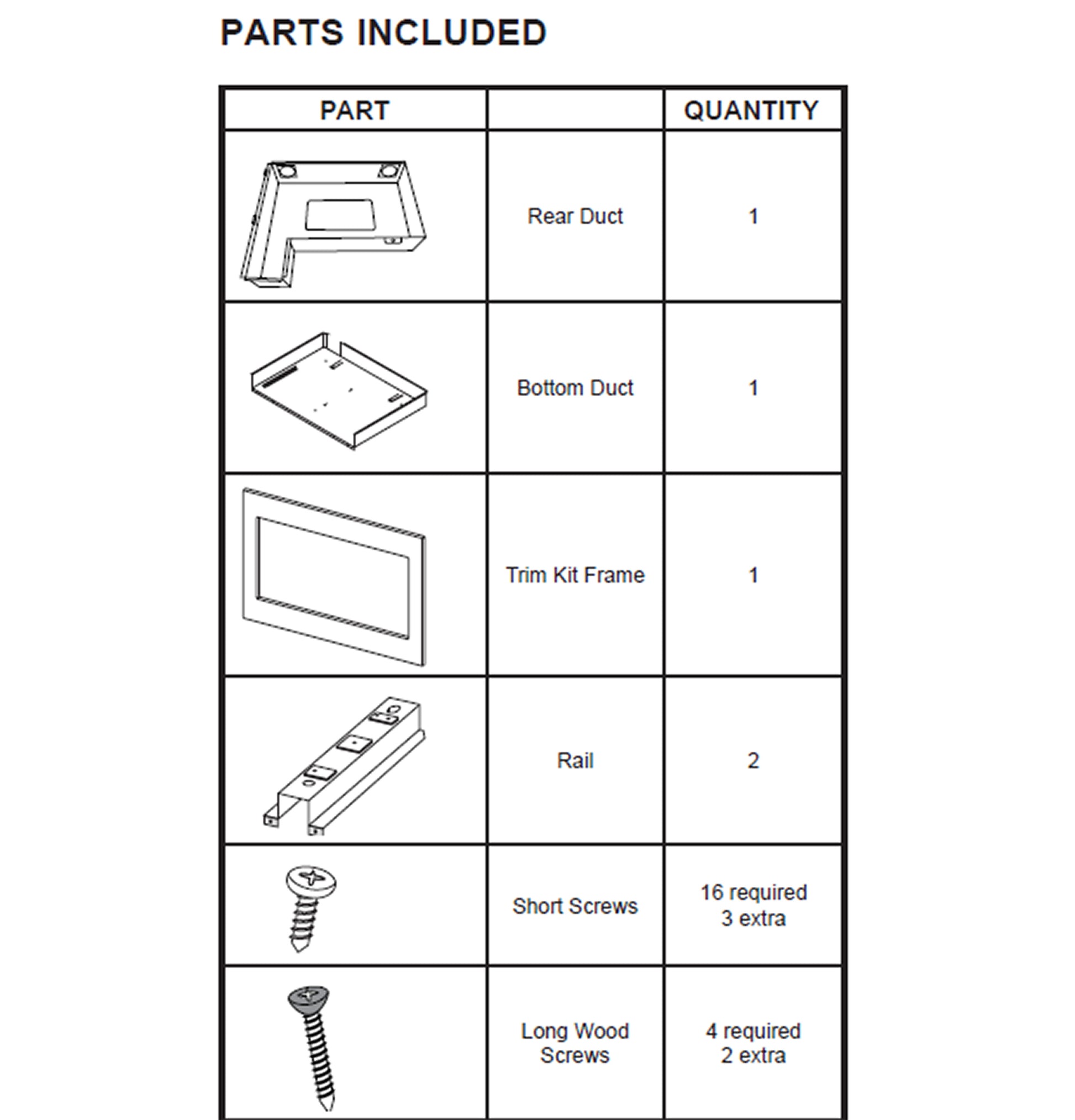 Diagram showing parts list for kitchen appliance trim kit installation including ducts, frame, rails, and screws for home improvement.