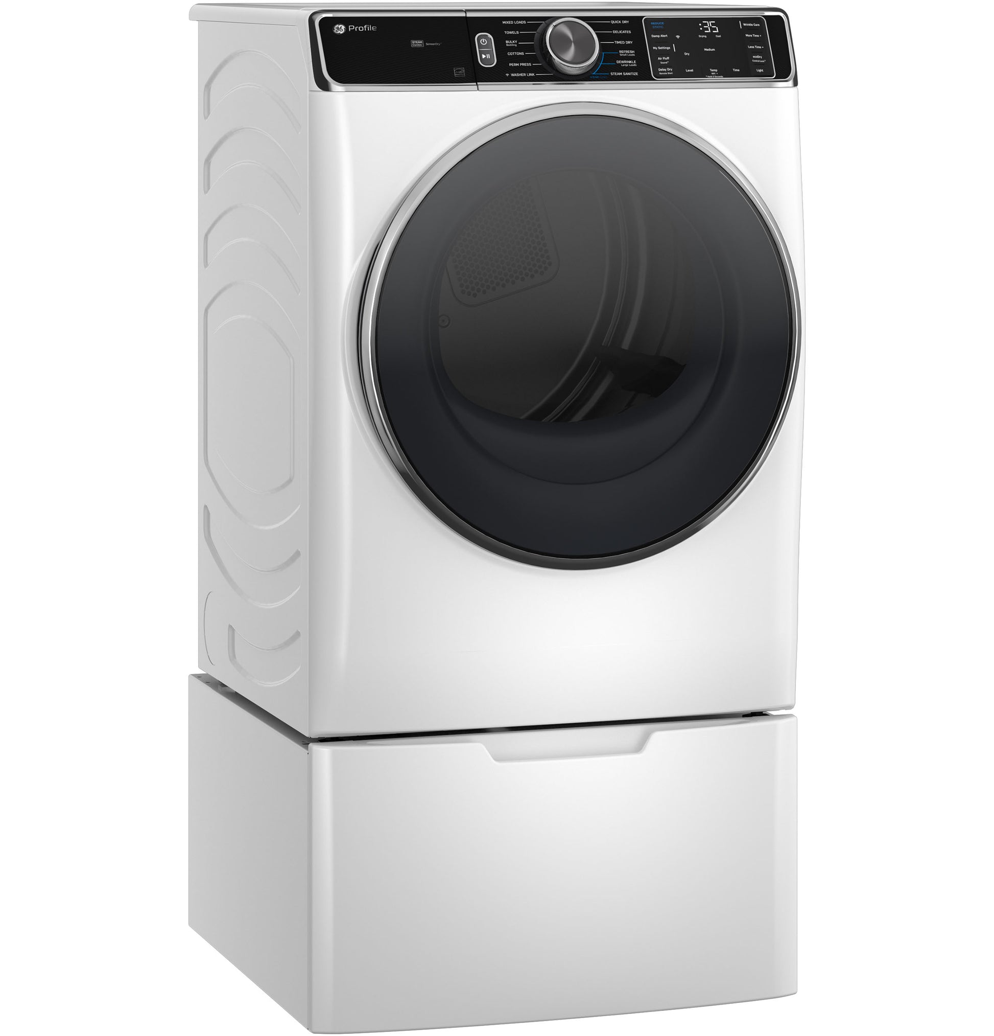 White smart front load gas dryer with large black door and digital control panel in modern appliance setting