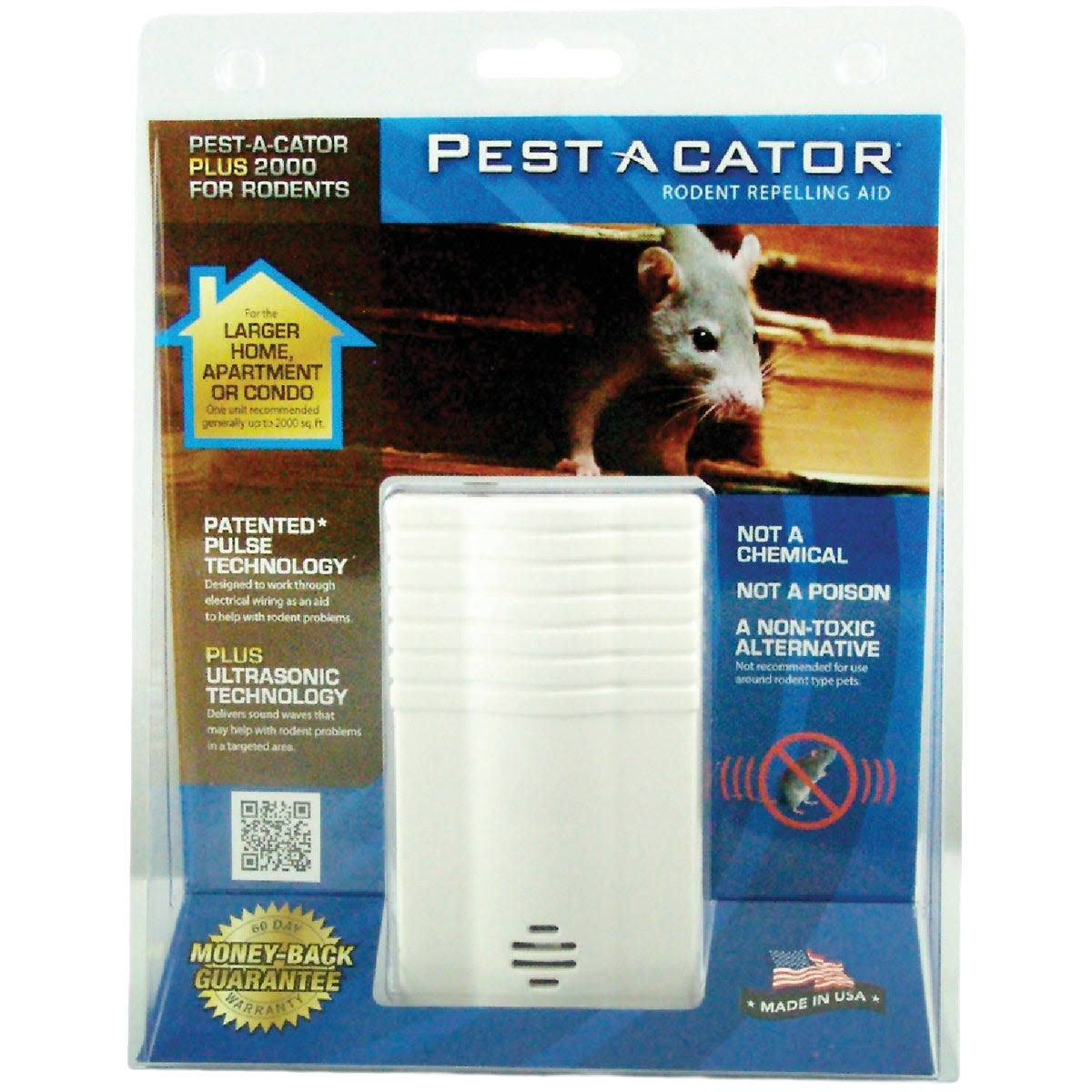 White ultrasonic and electromagnetic pest repellent device in retail packaging for insect and pest control use
