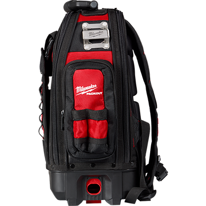 Red and black Milwaukee PACKOUT™ Structured Backpack with tear-resistant ballistic fabric for jobsite tool storage and organization