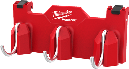 Red Milwaukee PACKOUT™ tool box attachment with three metal hooks for jobsite and garage storage organization