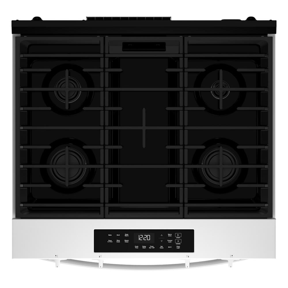 Top view of a stainless steel gas range cooktop with four burners, continuous grates, and digital control panel, featured in ranges, gas ranges, kitchenware, and appliances collections including home improvement.