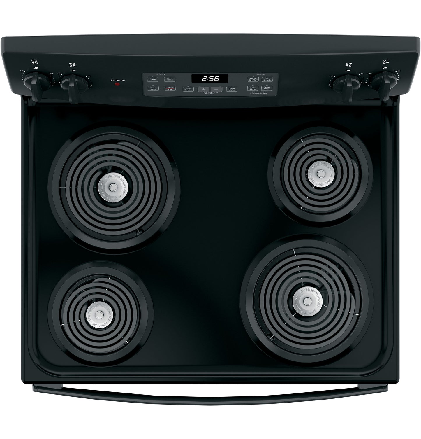 Top view of black electric range with four coiled burners and digital control panel for kitchen appliances.