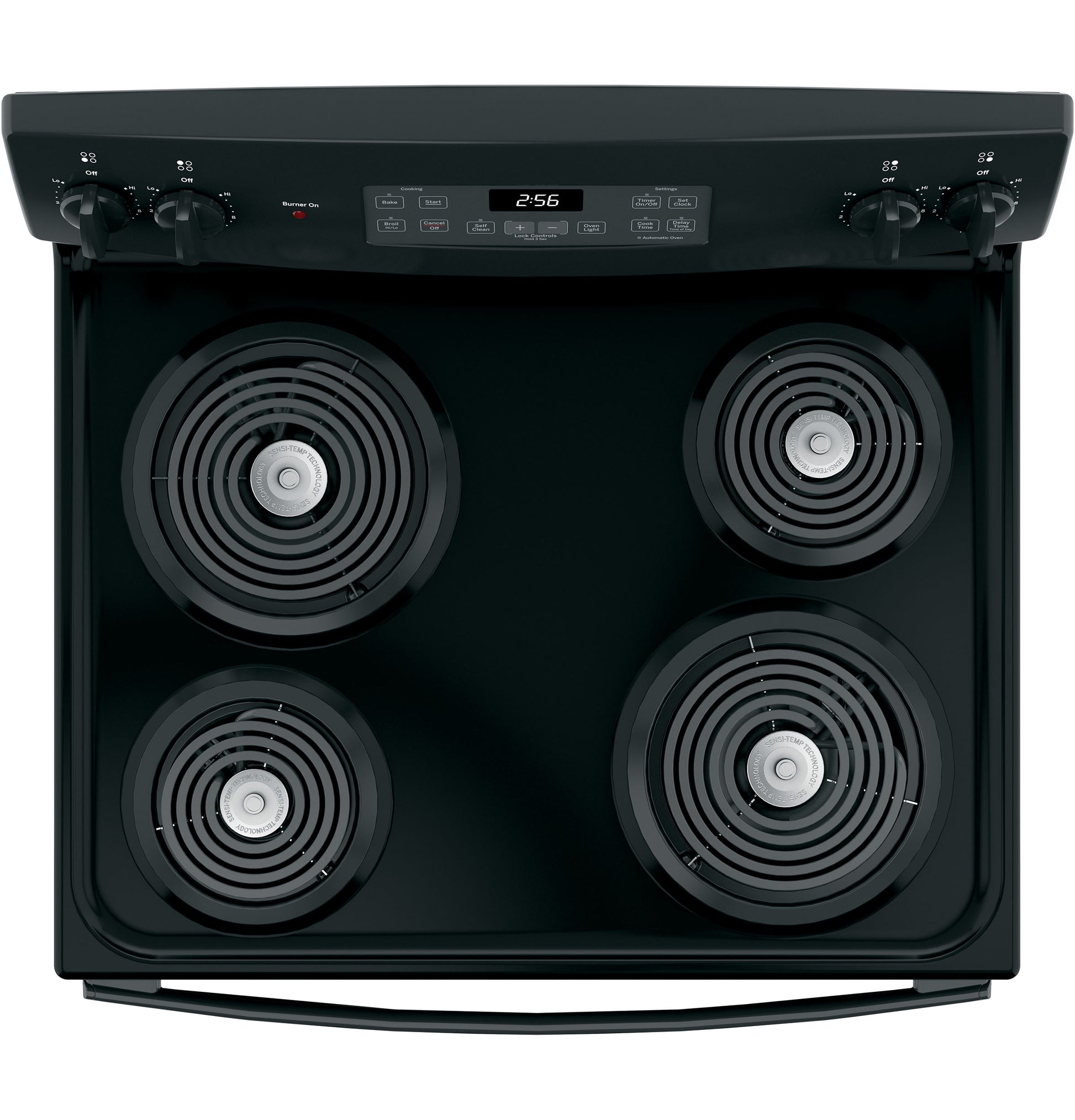 Top view of black electric range with four coiled burners and digital control panel for kitchen appliances.
