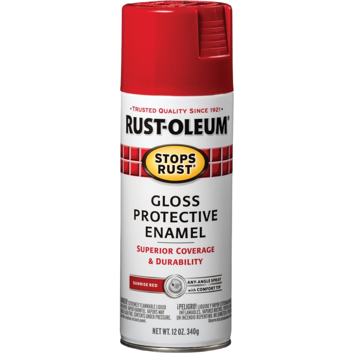 Can of glossy protective enamel spray paint in sunrise red with rust prevention for home improvement projects