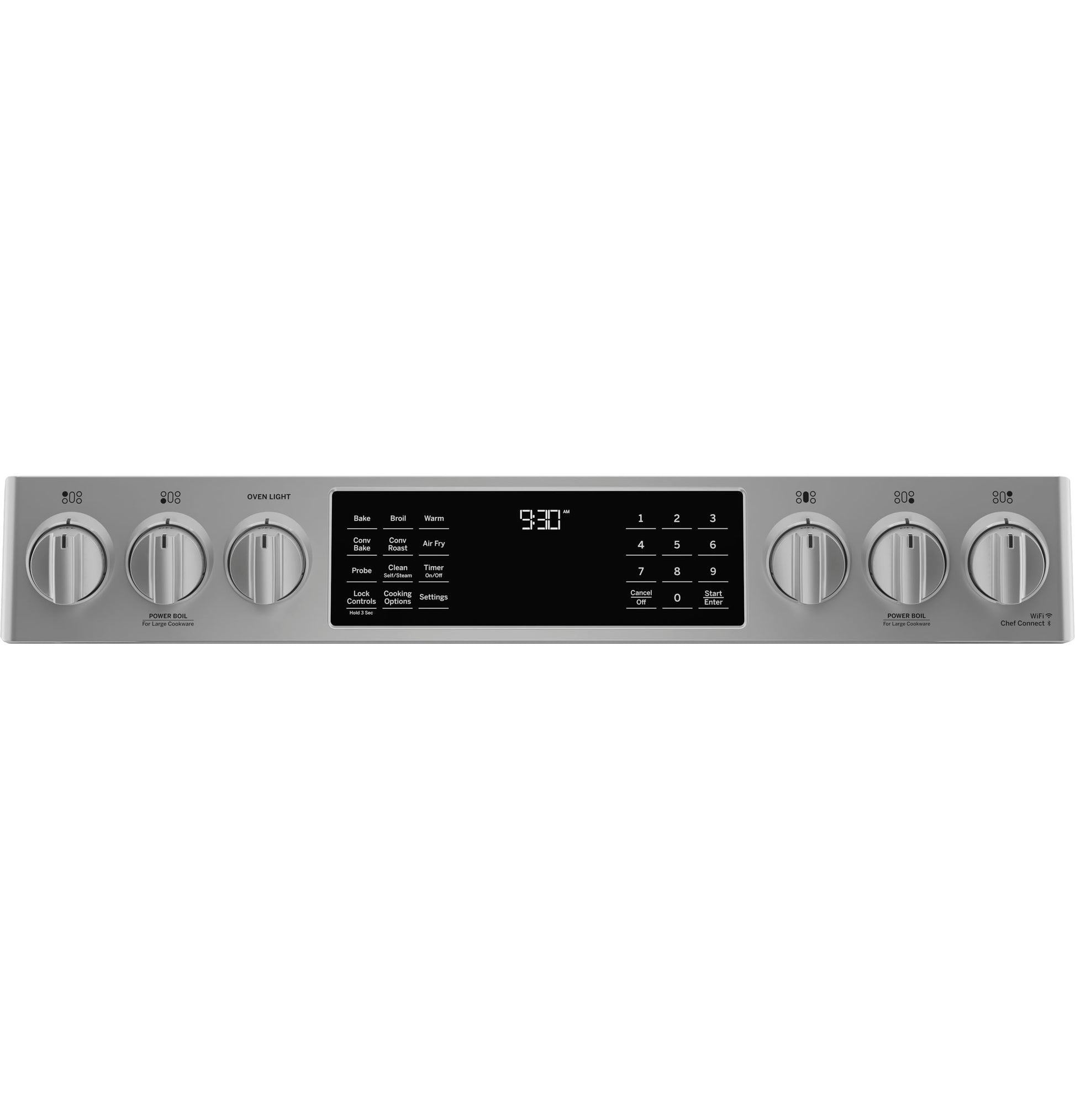 Control panel of stainless steel gas range with digital display and front-facing knobs for kitchen and home improvement tools