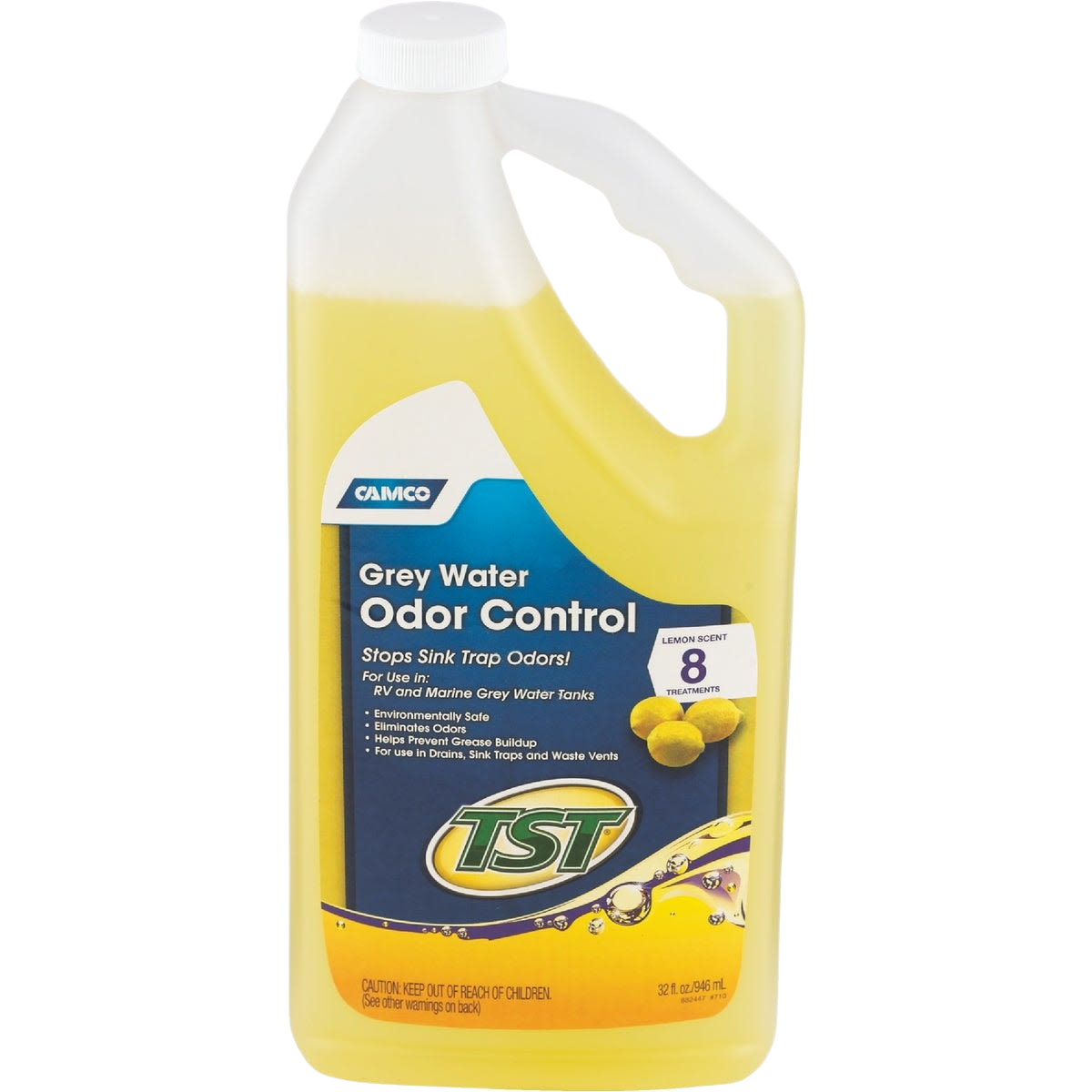 Yellow liquid container of RV grey water odor control cleaner with lemon scent for home improvement tasks