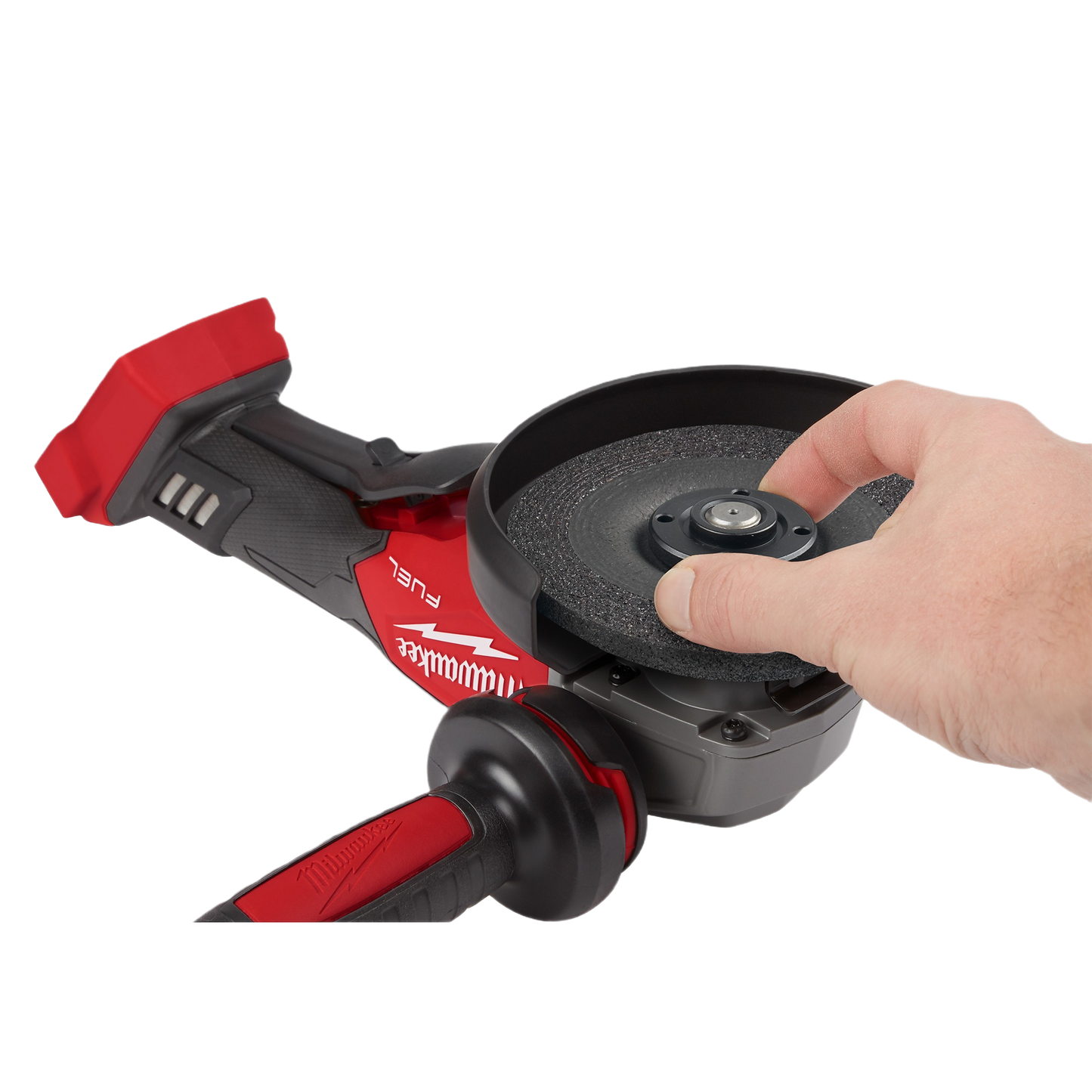 Hand adjusting grinding disc on Milwaukee cordless power tool for home improvement and sanding tasks
