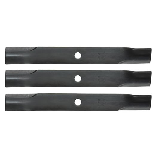 Set of three black steel lawn mower blades with central mounting holes designed for efficient grass cutting.