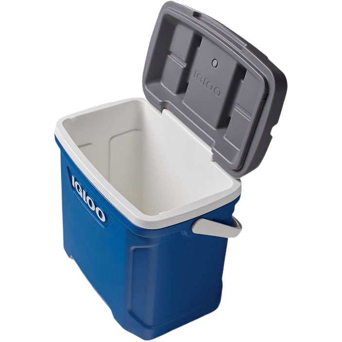 Indigo blue portable cooler with gray lid and white handle designed for outdoor use and tools and home improvement tasks