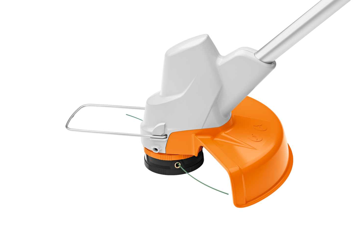 Compact orange and white battery-powered string trimmer head with protective guard for yard maintenance tasks