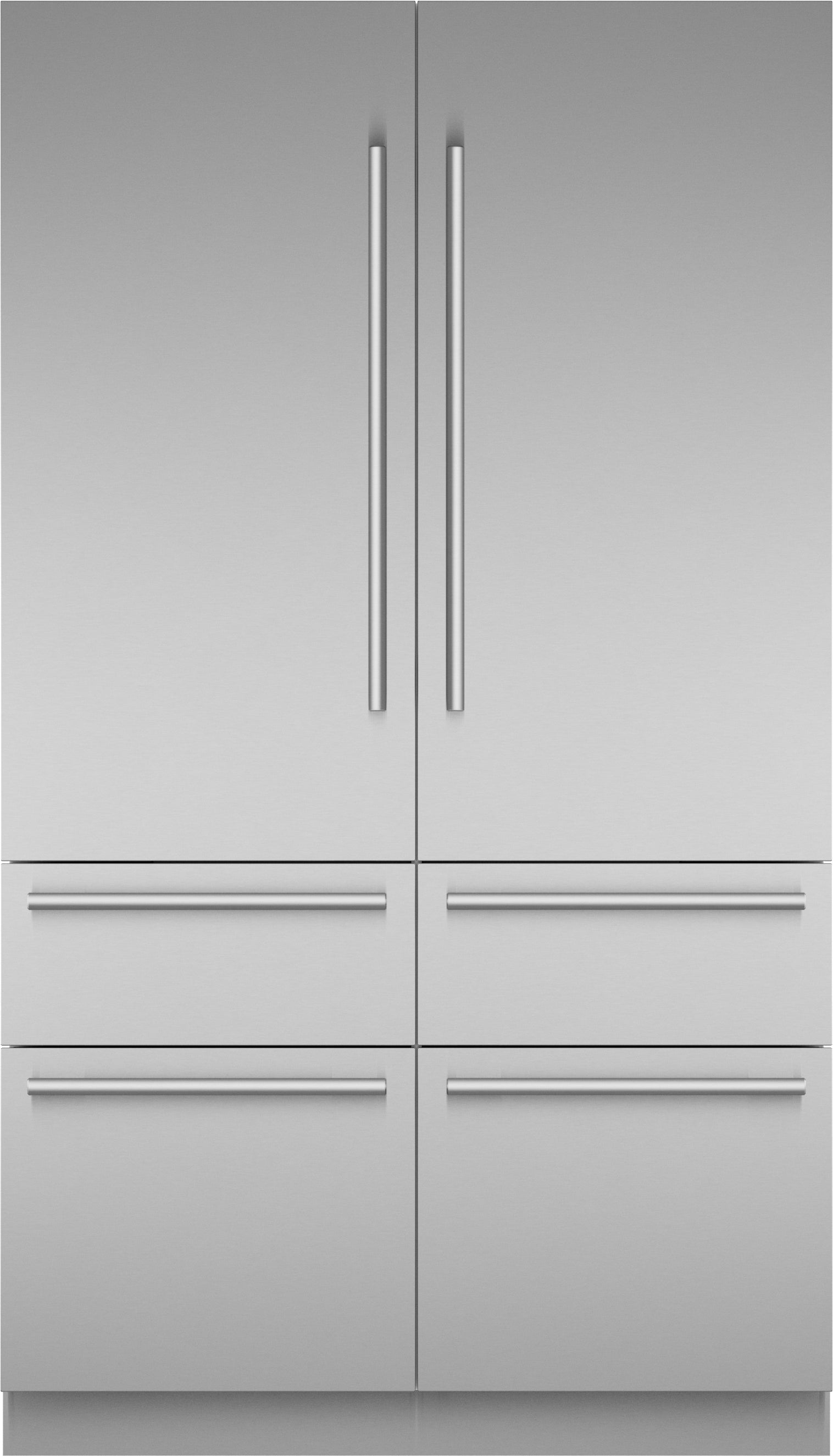 Modern stainless steel French door refrigerator with bottom freezer drawers in kitchen appliances collection