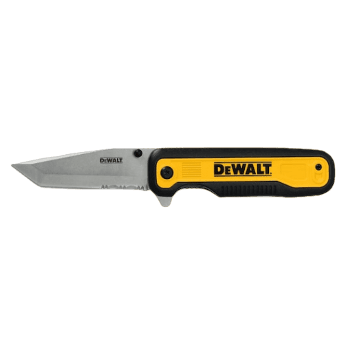 Folding pocket knife with stainless steel serrated blade and yellow black handle for woodworking and cutting tools collections
