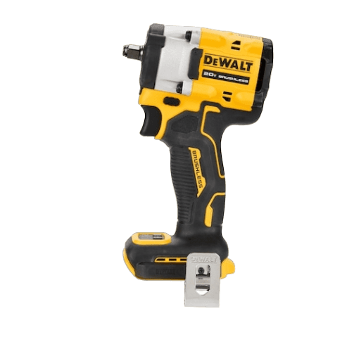 Compact yellow and black cordless impact wrench with brushless motor and metal hog ring for home improvement tools