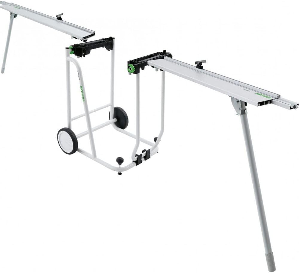 Mobile stand with aluminum rails and white frame for supporting woodworking tools and saw accessories