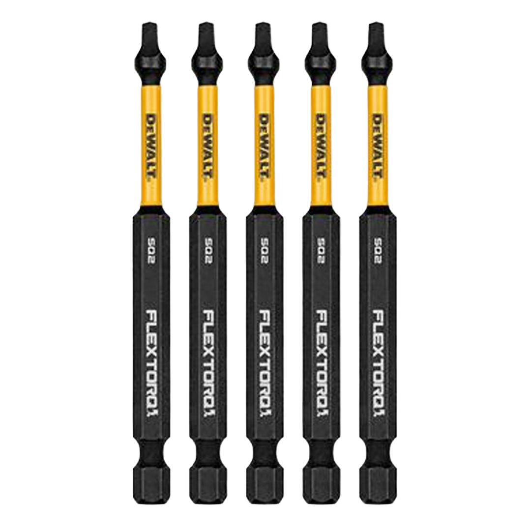 Set of five Flextorq #2 square drill bits with yellow and black design for tools and home improvement.