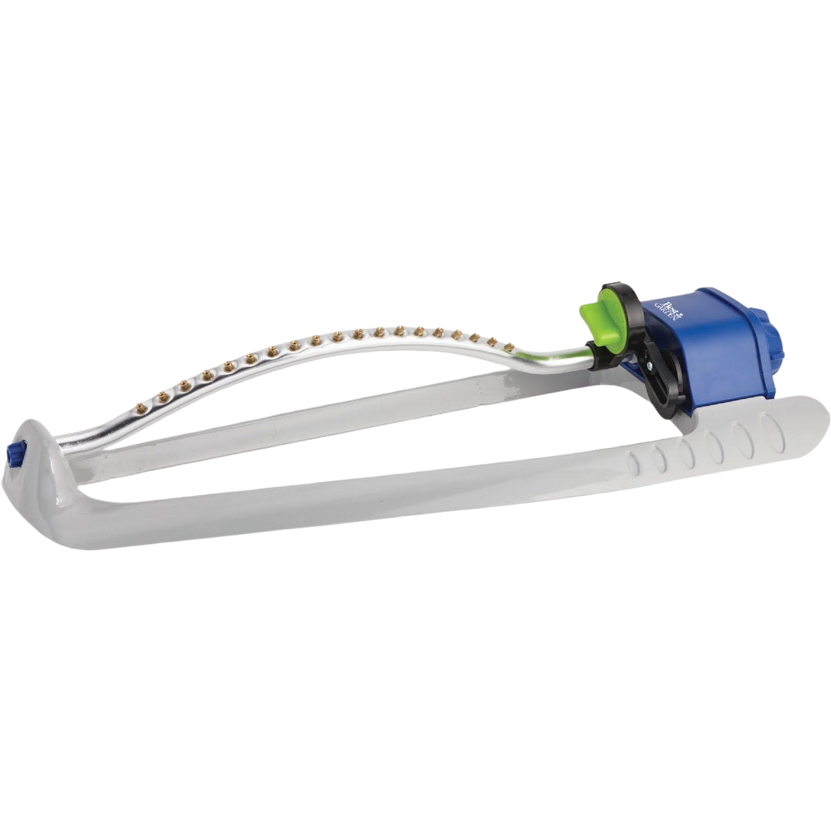 Blue and gray metal oscillating sprinkler with brass spray jets for lawn watering and irrigation under $50 collection