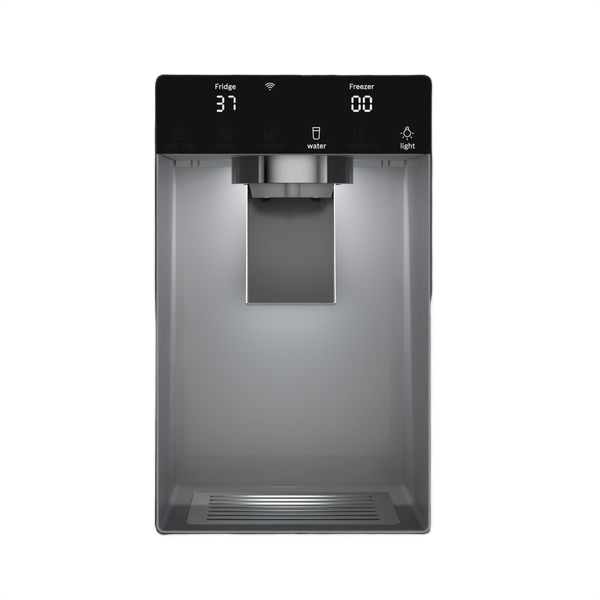 Close-up of digital control panel with temperature display and water dispenser on black stainless steel refrigerator door in Bosch appliances collection