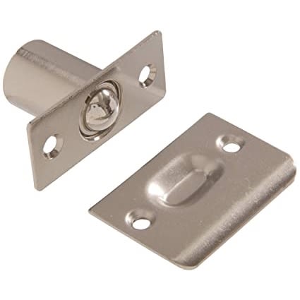 Satin nickel ball catch hardware set with mounting plates for securing cabinets in home improvement collections