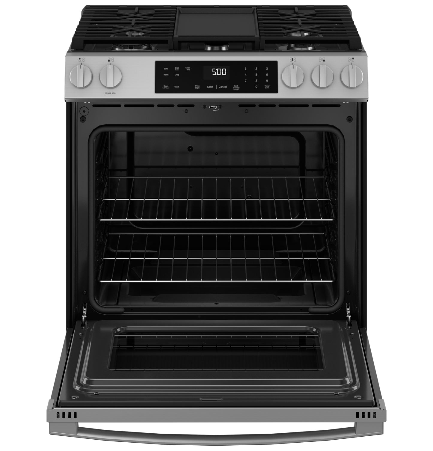 Open stainless steel slide-in gas range with front control panel and digital display from Ranges & Cooktops collection