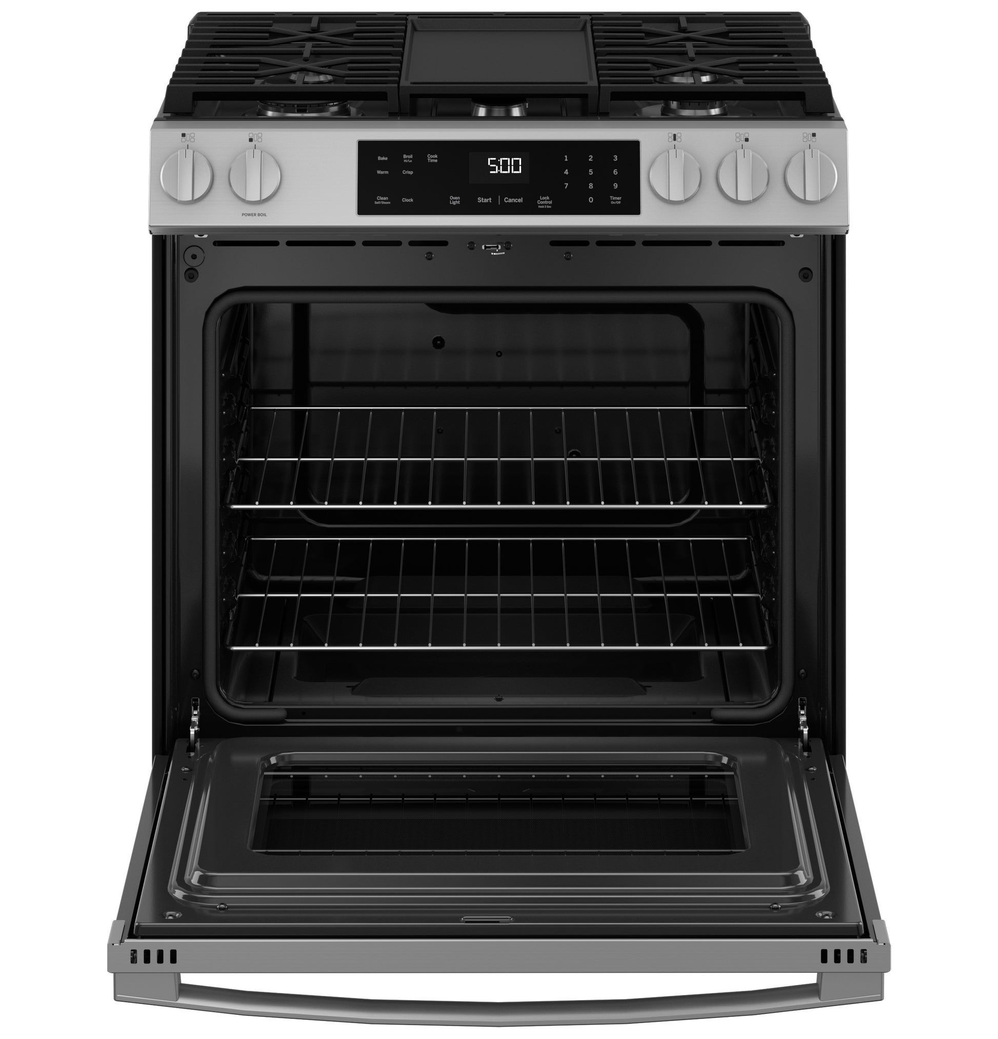 Open stainless steel slide-in gas range with front control panel and digital display from Ranges & Cooktops collection