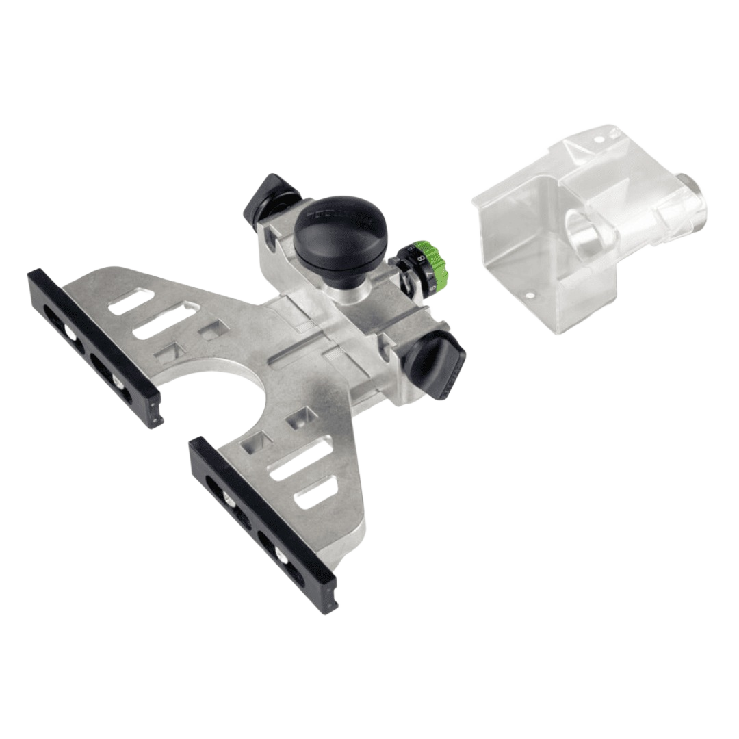 Metal Festool edge guide with adjustment knobs and clear plastic router dust shield for woodworking tools and accessories