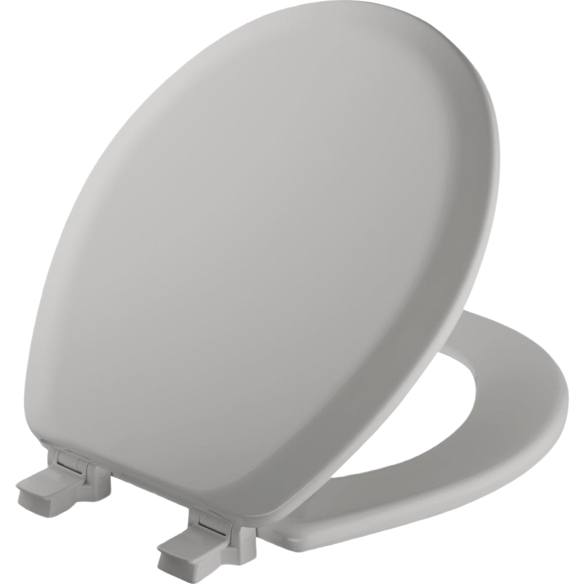 Round silver wood toilet seat with durable hinges designed for home improvement and bathroom upgrade projects