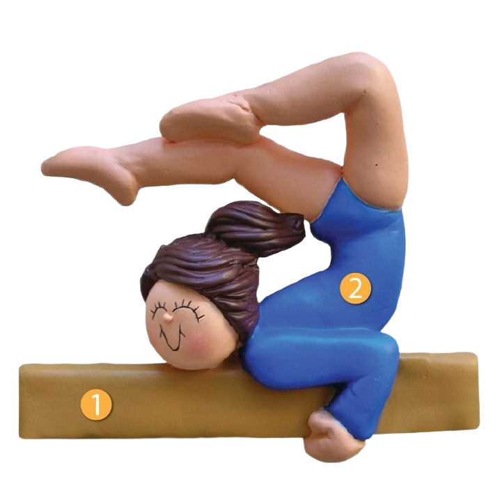 Brunette female gymnast figure in blue leotard balancing on a beam in Christmas Ornaments & Tree Decorations collection