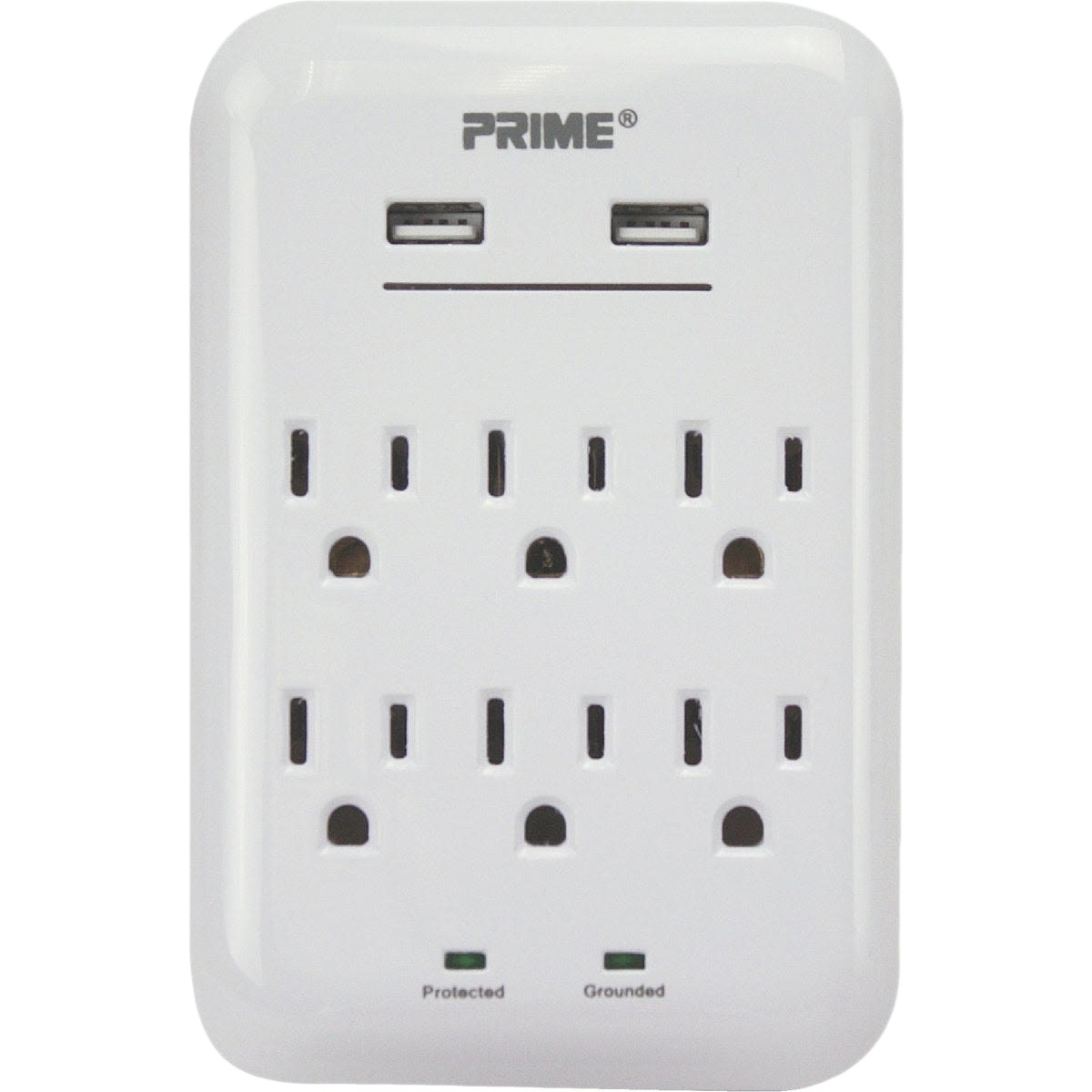 White six-outlet wall charger with two USB ports and indicator lights for home electrical and tool use