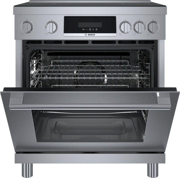Open stainless steel induction freestanding range with ergonomic display and metal control knobs from Bosch collection