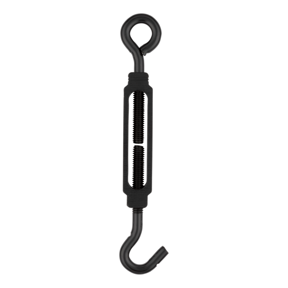 Black hook and eye turnbuckle with Storm Shine finish for tension adjustment in storage and garage organization tools under $50