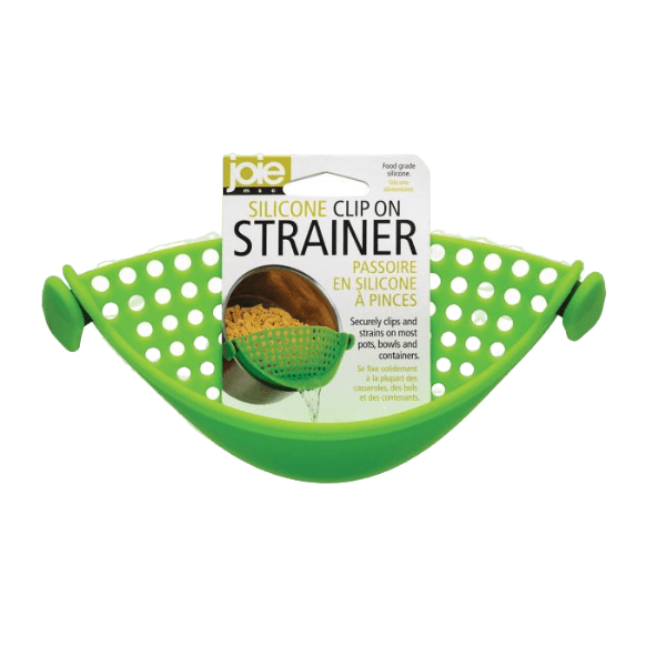 Green silicone clip-on strainer with stainless steel clips for kitchenware and gadget collections under $50
