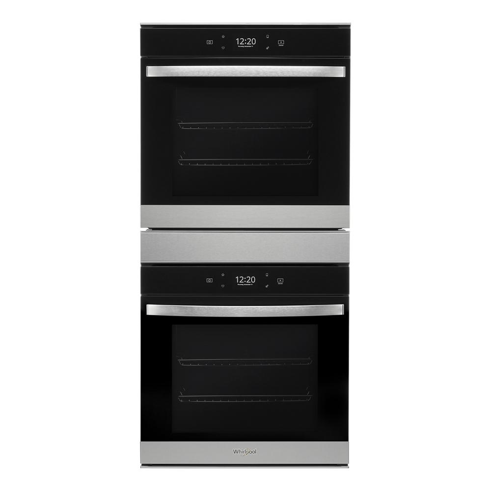 Freestanding modern double wall oven with convection, featuring digital touch controls and stainless steel handles, part of Double Wall Ovens and Appliances collections.