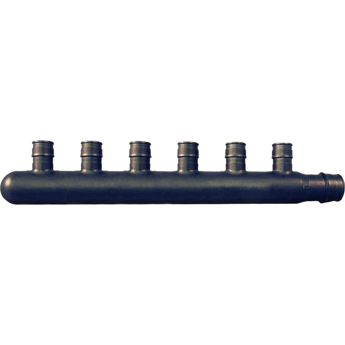 Black poly alloy plumbing manifold with six 1/2-inch outlets for cold expansion PEX systems under $50 collection