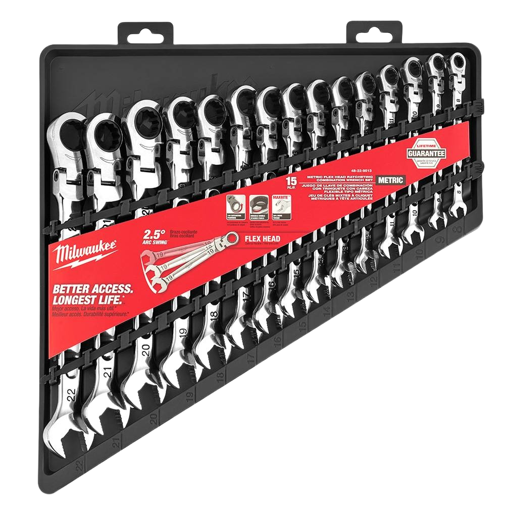 Set of 15 polished metric wrenches with flex heads and ratcheting feature in a black plastic storage tray for tools use