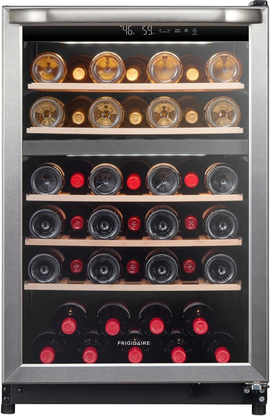 Stainless steel 46-bottle wine cooler with tinted glass door, natural wood shelves, digital temperature display, ideal for Refrigerators, Kitchen & Kitchenware, Beverage Centers, and Appliances collections.